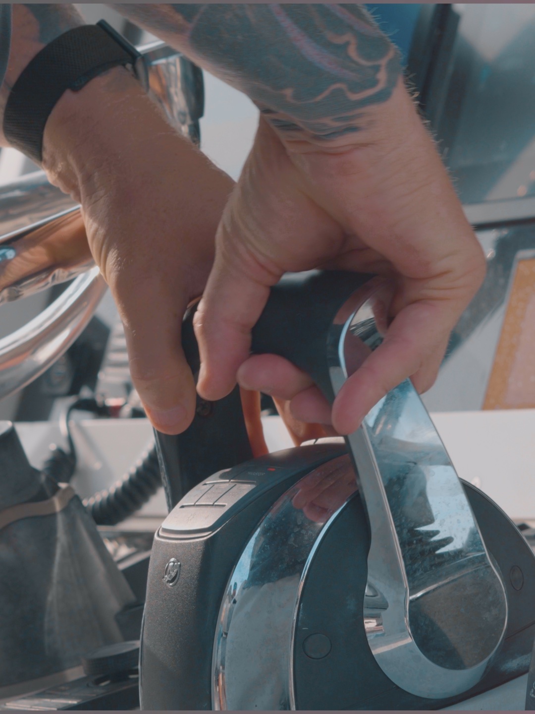 Close-up of a boat throttle during production